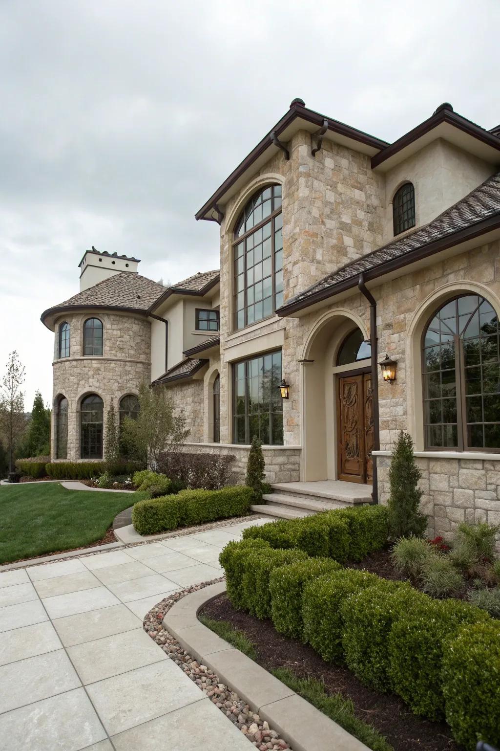 Modern European home design featuring a harmonious blend of stone and stucco.
