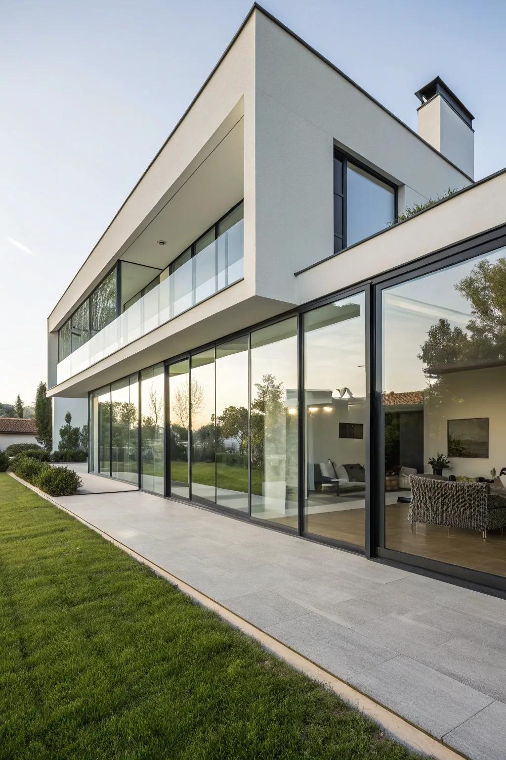 A sleek, contemporary home facade boasting expansive windows.
