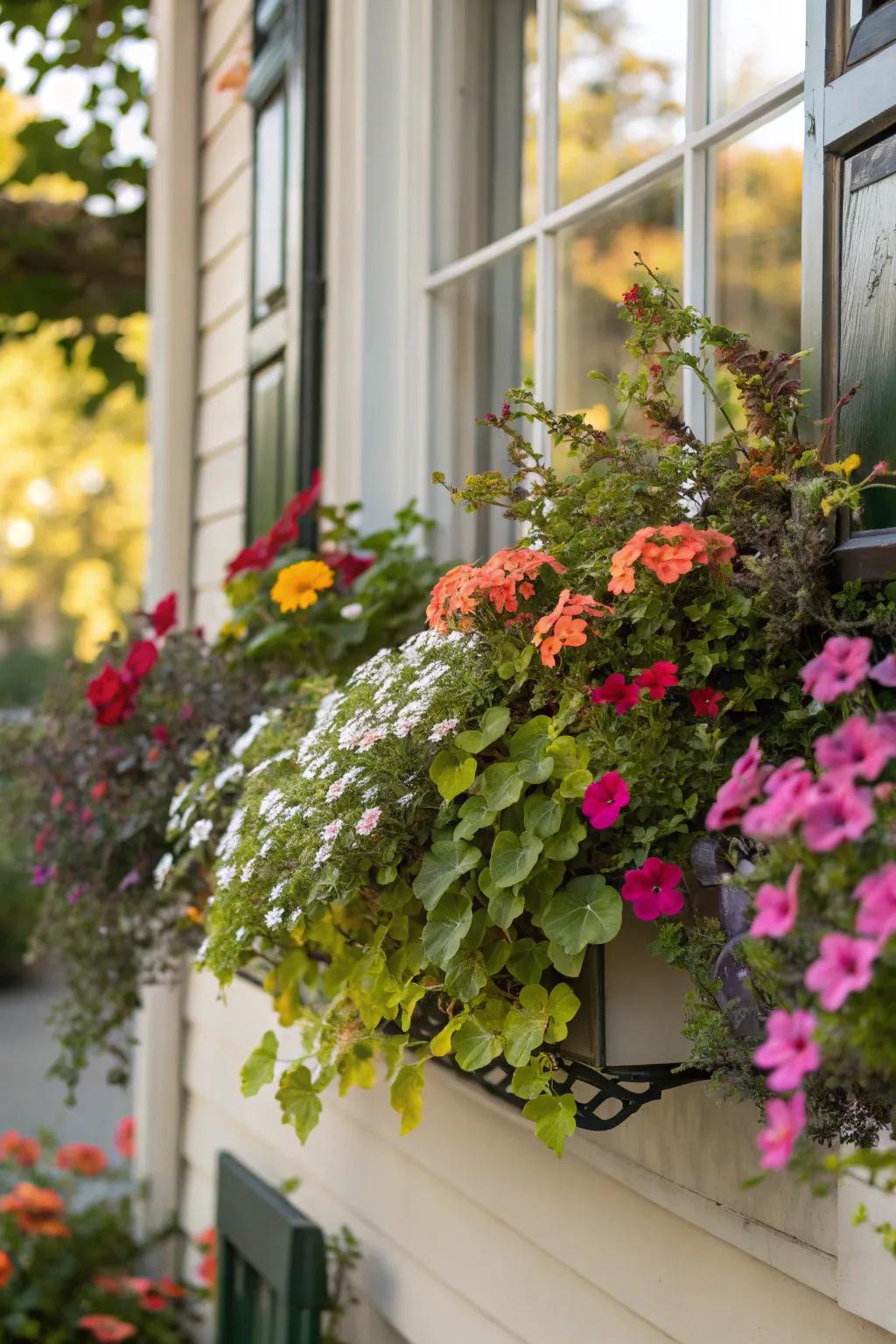 Window with a lively bloom box filled with seasonal flowers