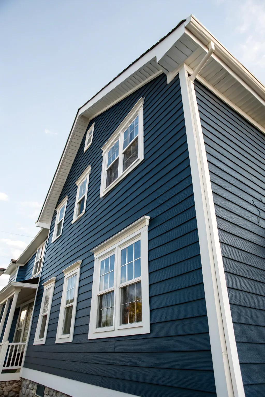 Crisp white window trims beautifully accentuate the dark blue siding.