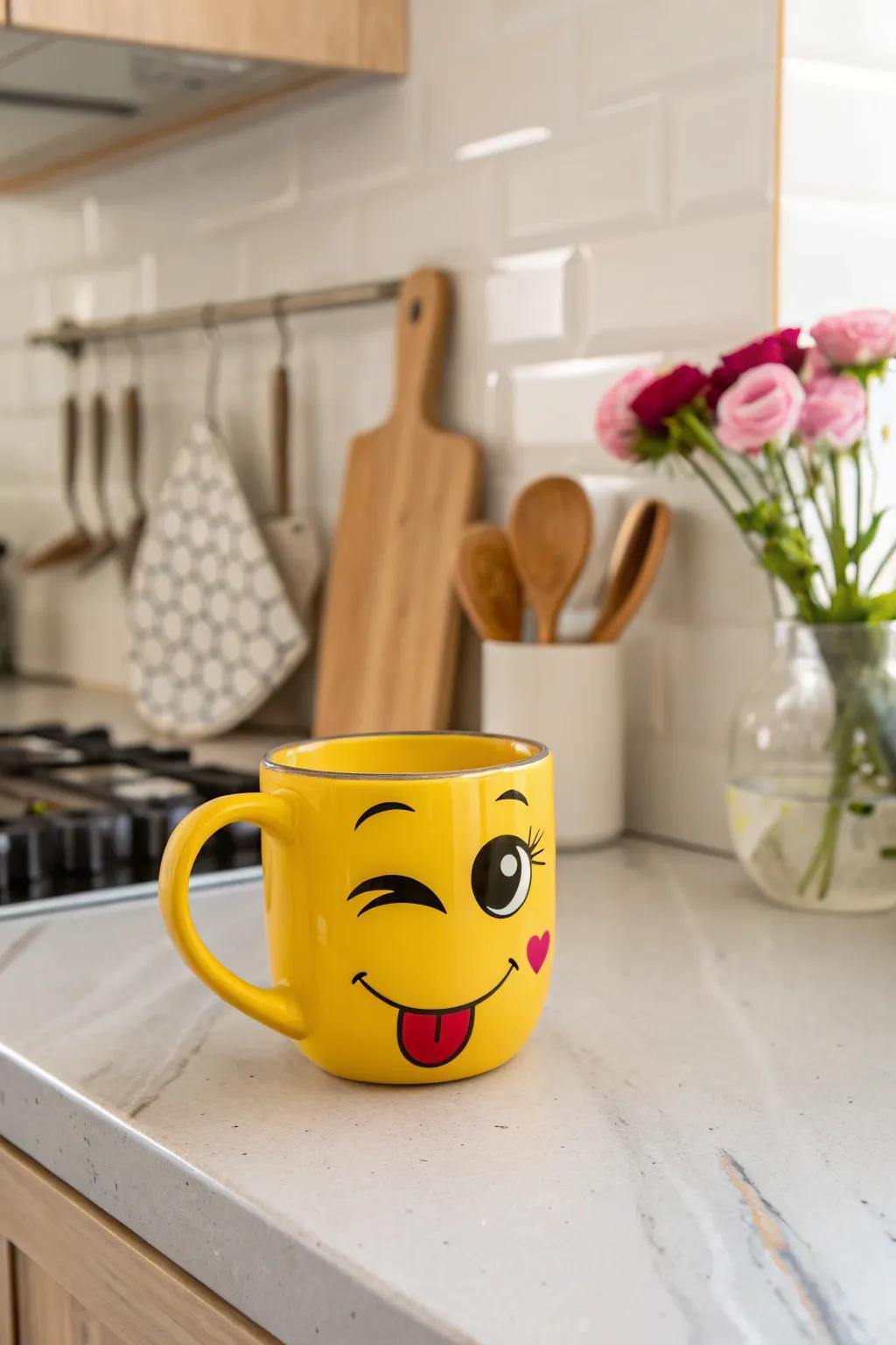 A face mug displaying a playful, bold wink, perfect for starting your day with a grin.