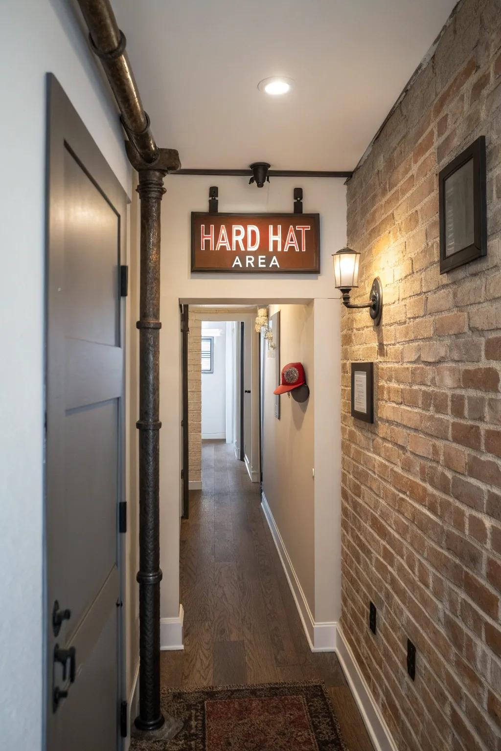 A chic corridor adorned with a protection-themed 'Helmet Zone' symbol.