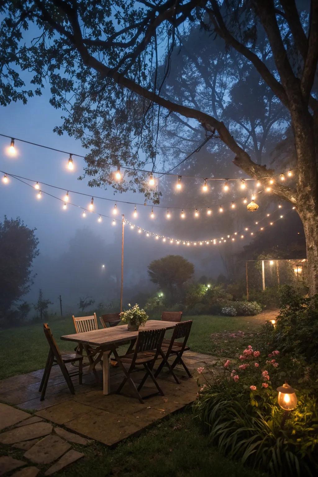 A celestial canopy created with twinkle lights delivers a magical feel.