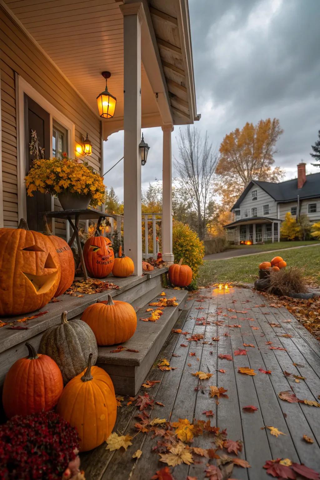 A porch adorned with a medley of gourds for the autumn season.