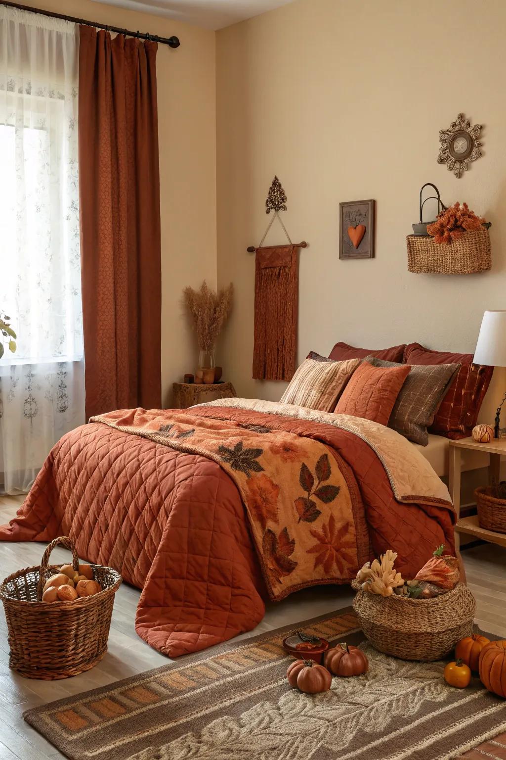 Incorporate warm tones to conjure a snug autumn ambiance in your bedroom.