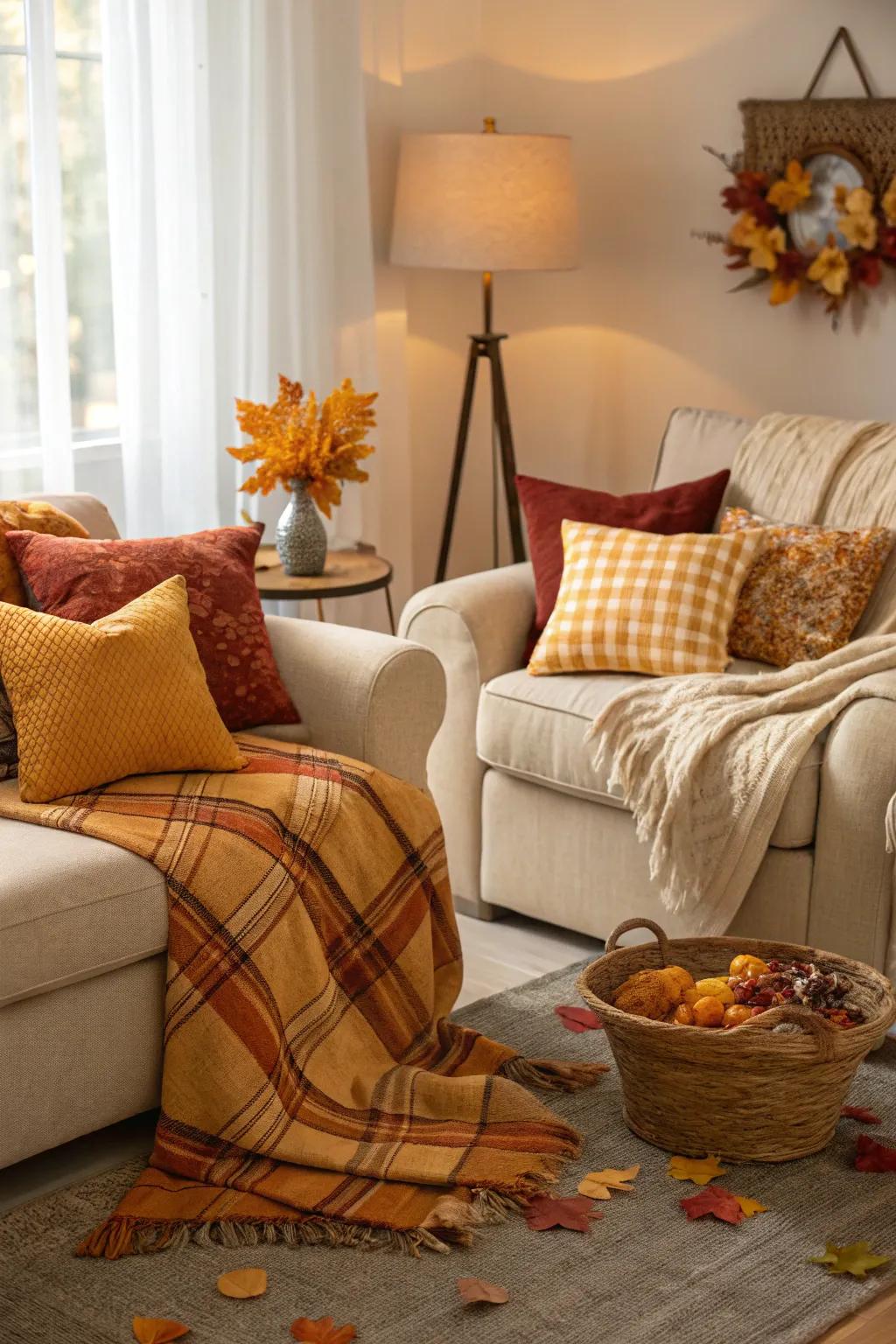Rich hues such as orange and brown infuse the essence of autumn into your family room.