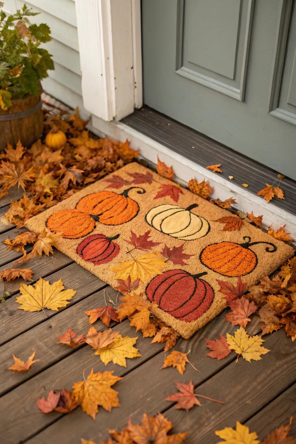 A pumpkin-themed doormat nestled among autumn foliage.