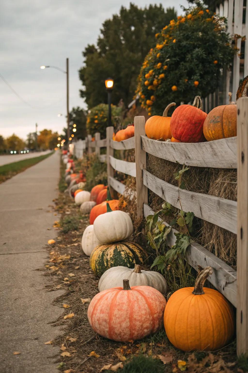 A collection of pumpkins brightens up a fence, creating an inviting autumn setting.