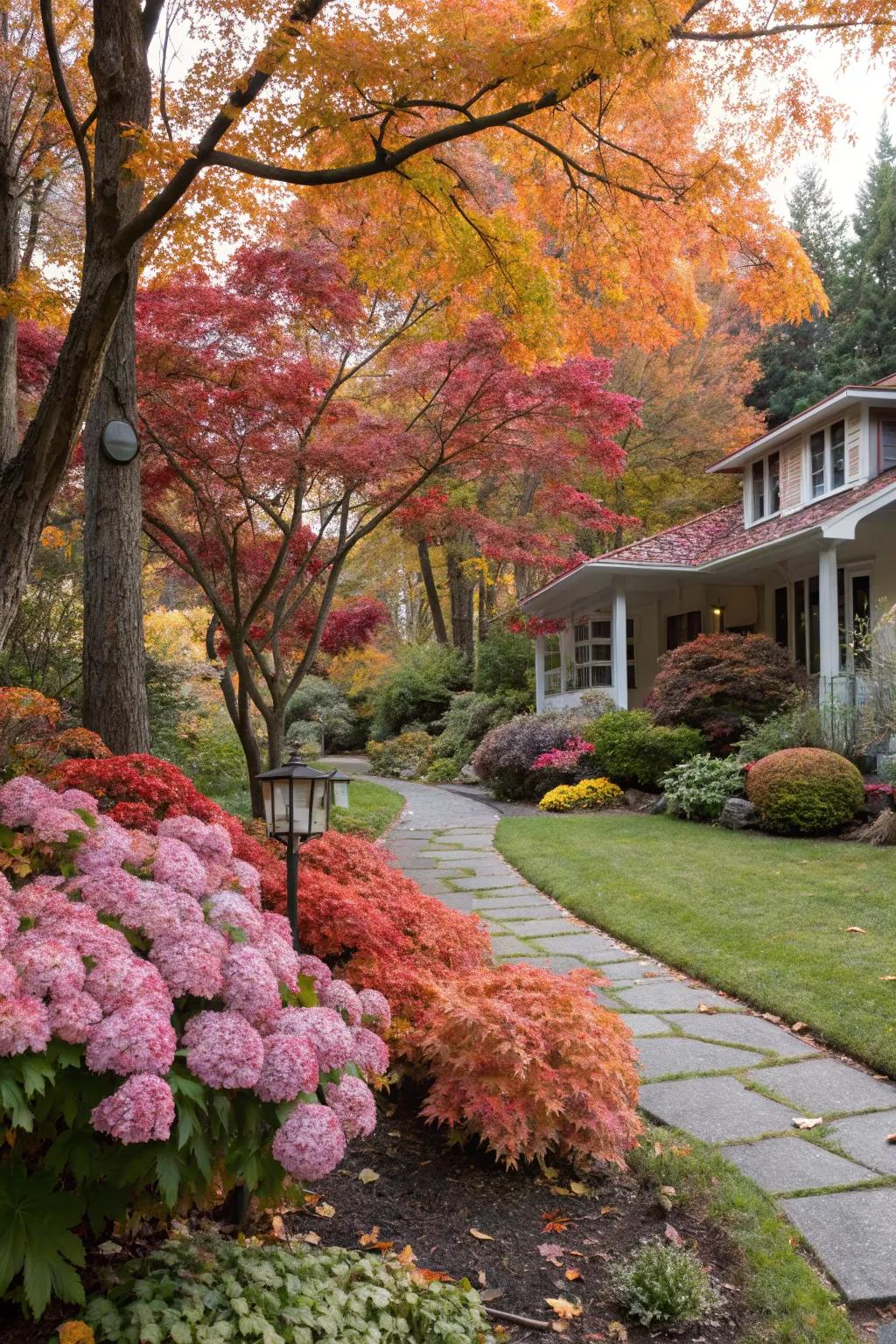 Infuse radiant autumn colors with Japanese maples and oakleaf hydrangeas.