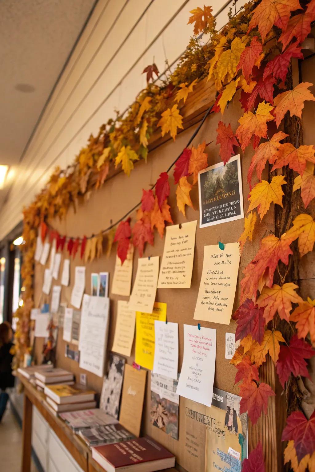 A vibrant collection of leaves and book titles adorn a bulletin board themed for fall.