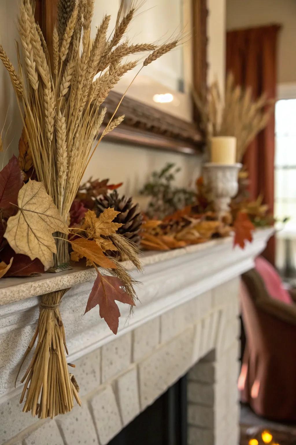 A mantel decorated with desiccated foliage and cereal stalks, perfectly capturing the essence of fall.