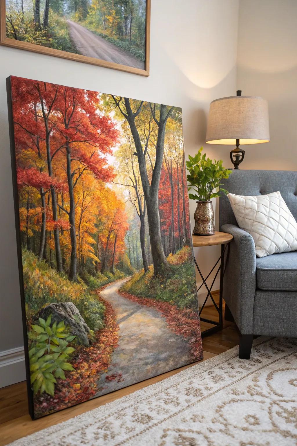 A peaceful fall forest artwork brings the feel of the season indoors.