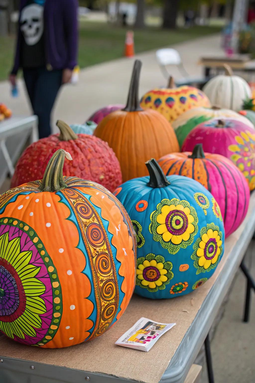 A vibrant arrangement of innovatively painted gourds.