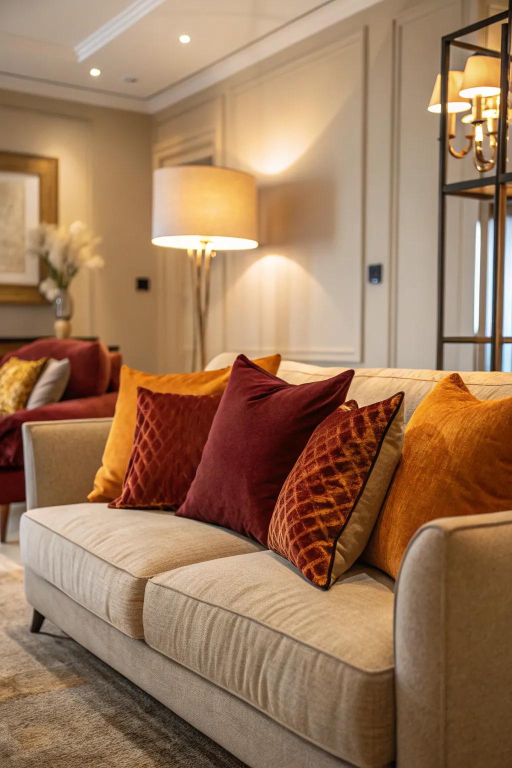 Warm up your space with pillows in rich autumnal colors.