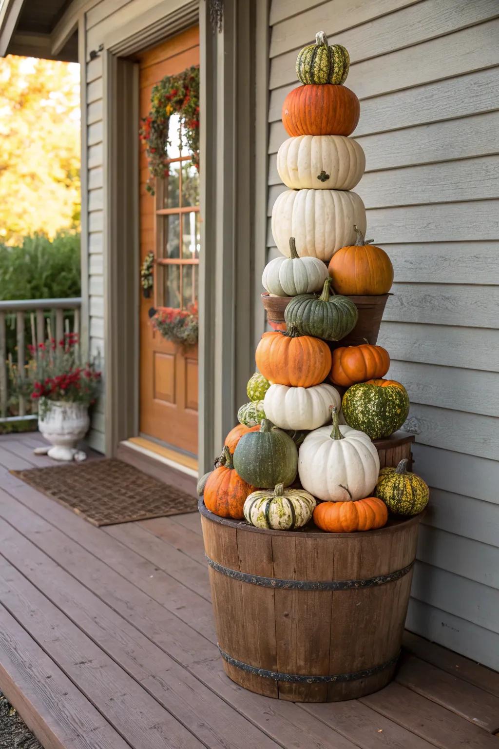 A tower of piled gourds gives height and visual depth to your seasonal decorations.