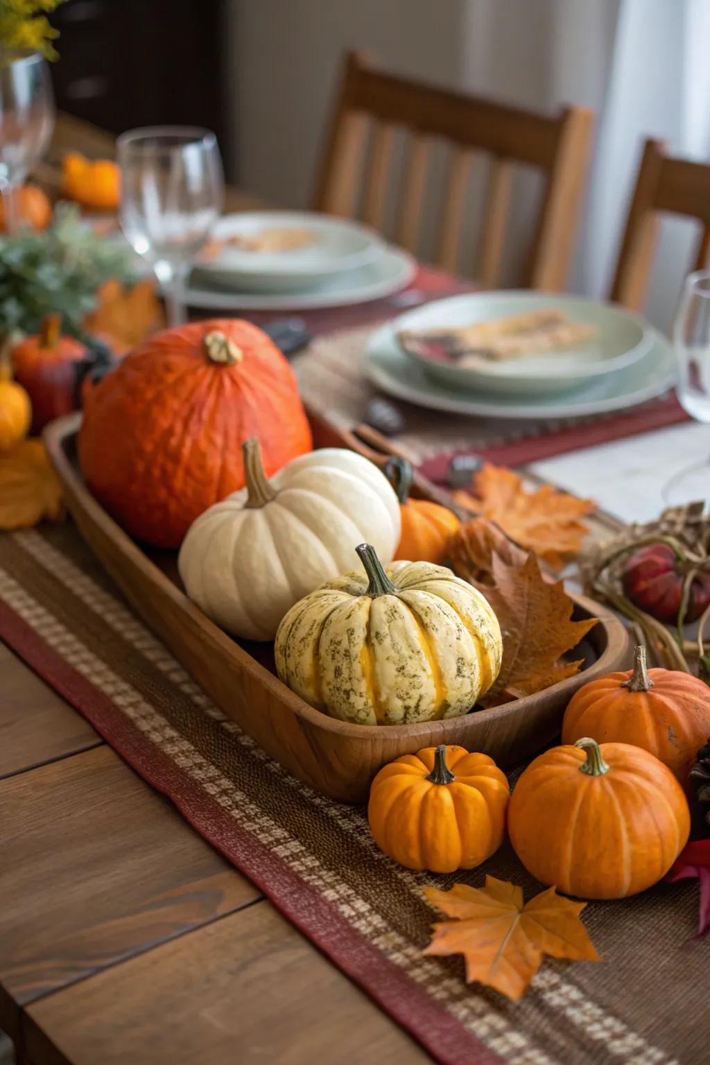 A table enhanced with pumpkins and gourds, ideal for a fall event.