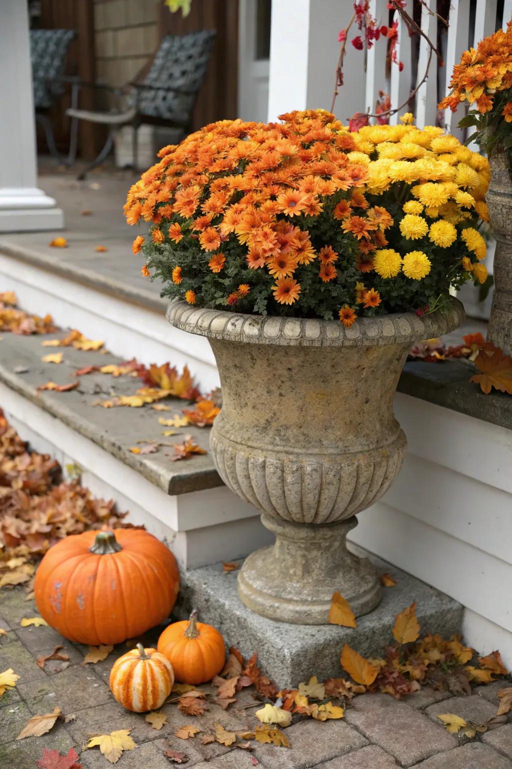 A beloved combination of squashes and chrysanthemums in a fall container arrangement.