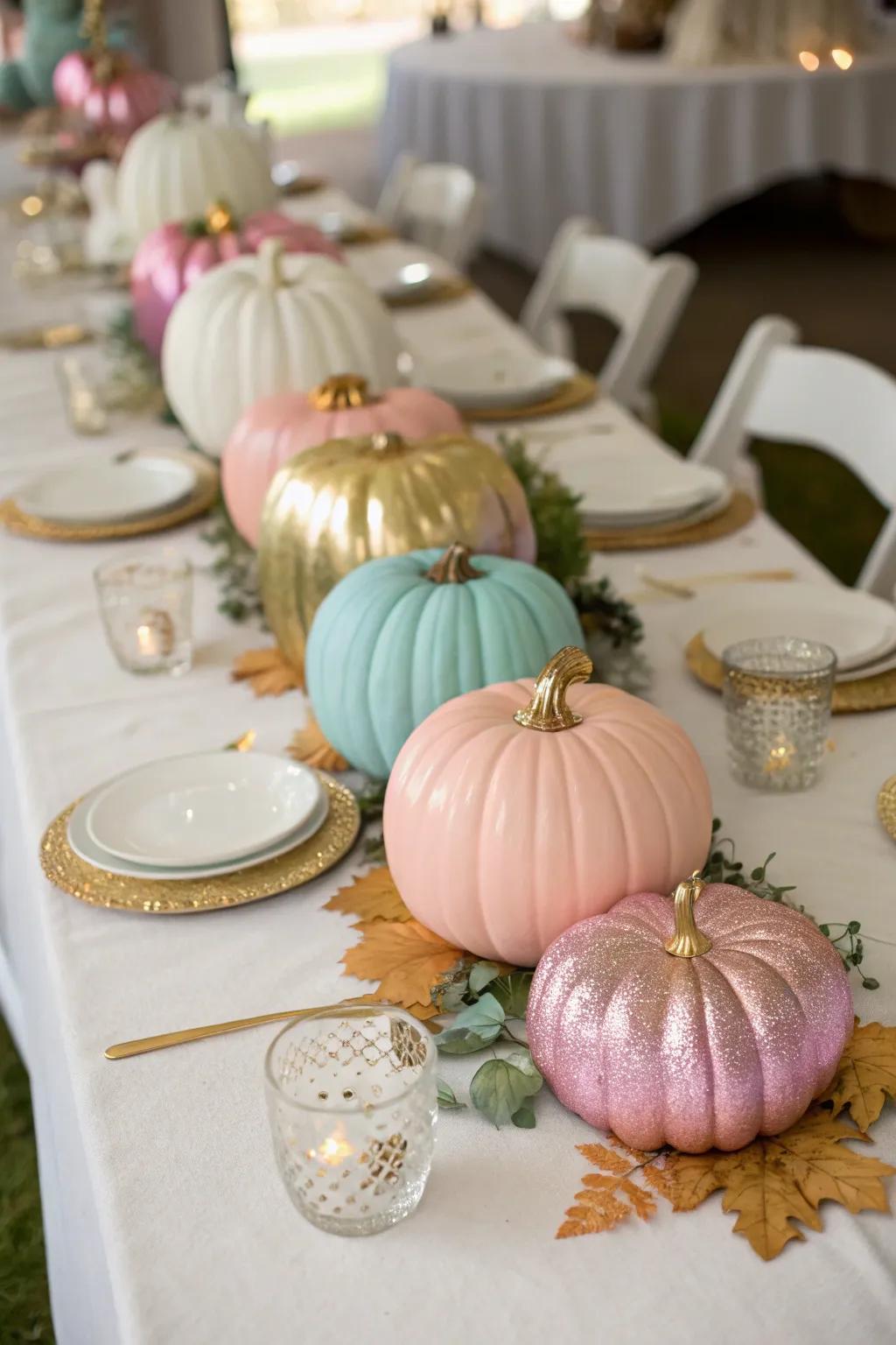 Chic pumpkin centerpieces in metallic and pastel shades, perfect for a unique fall wedding.