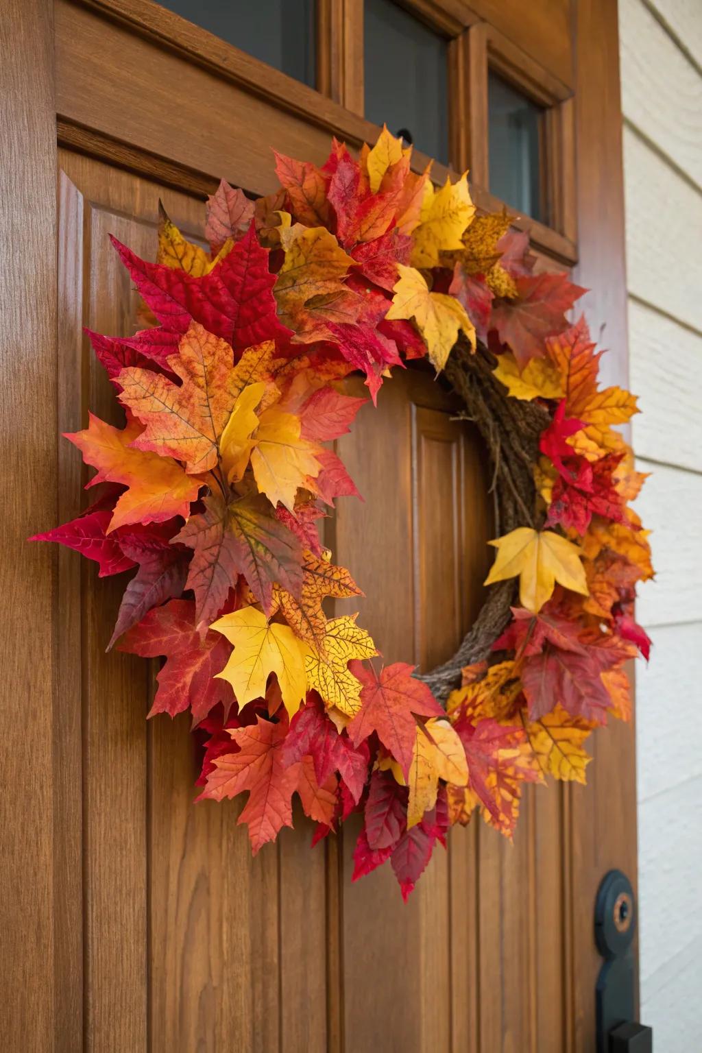 Timeless autumn leaves offer a cozy feel to your doorway.