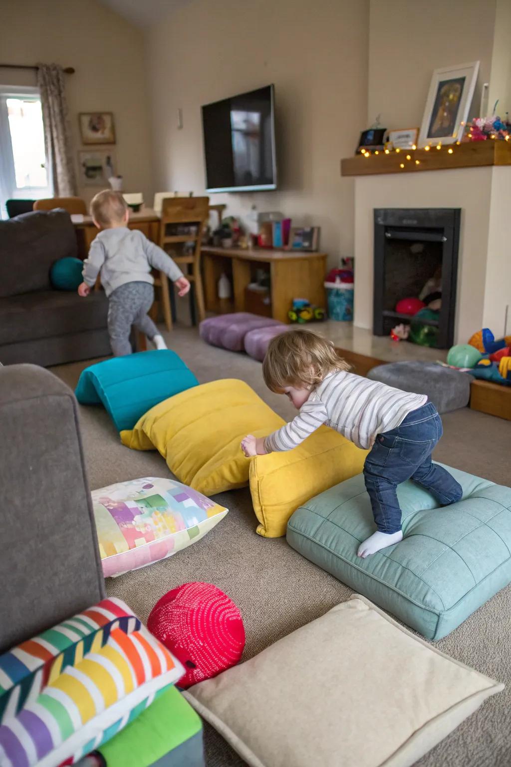 A thrilling homemade challenge route turns a normal living space into a toddler's exploration zone.