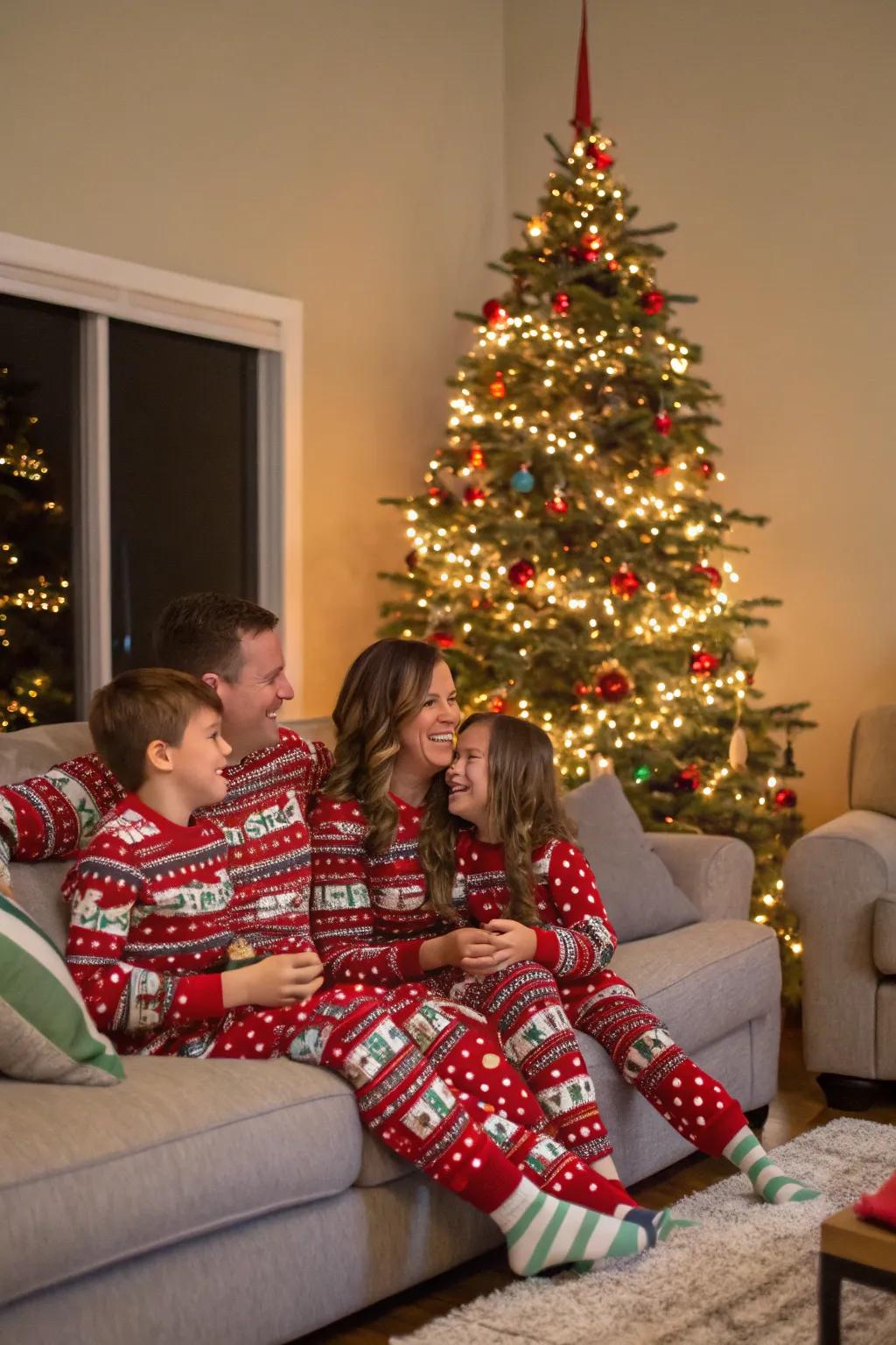 Set up a comfortable scene with matching pajamas for a cheerful and festive family image.