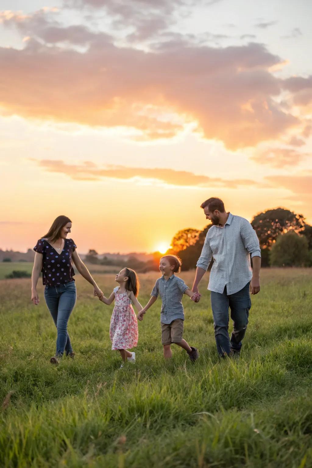 The captivating glow of golden hour brings a magical quality to family photos.