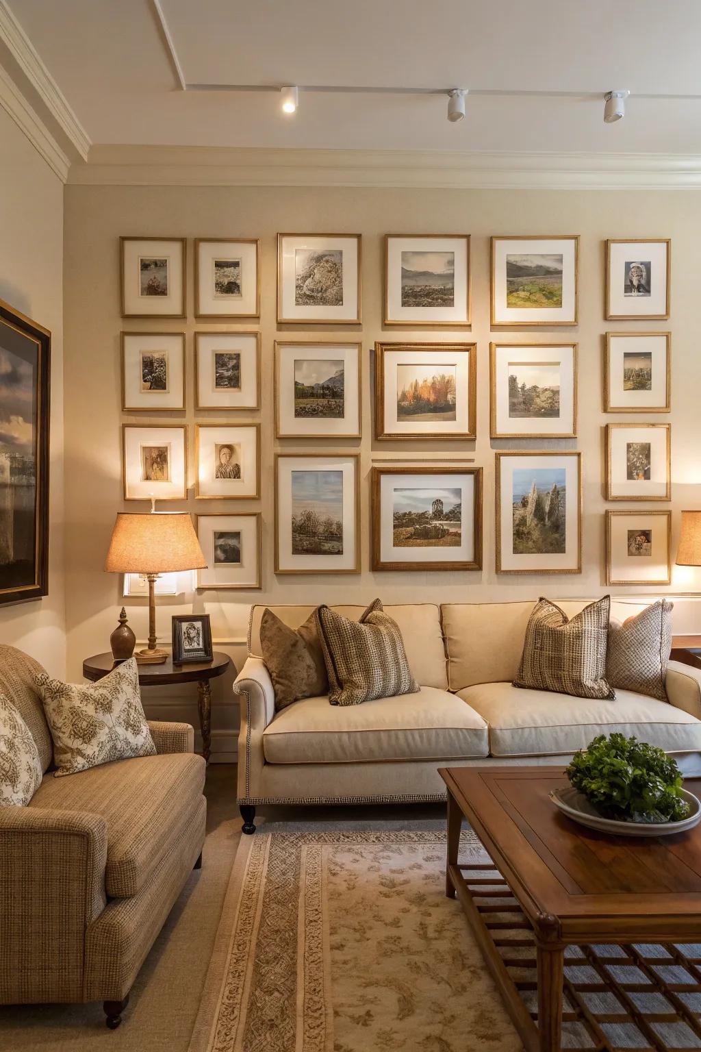 A classic traditional gallery exhibit with a balanced arrangement of frames.