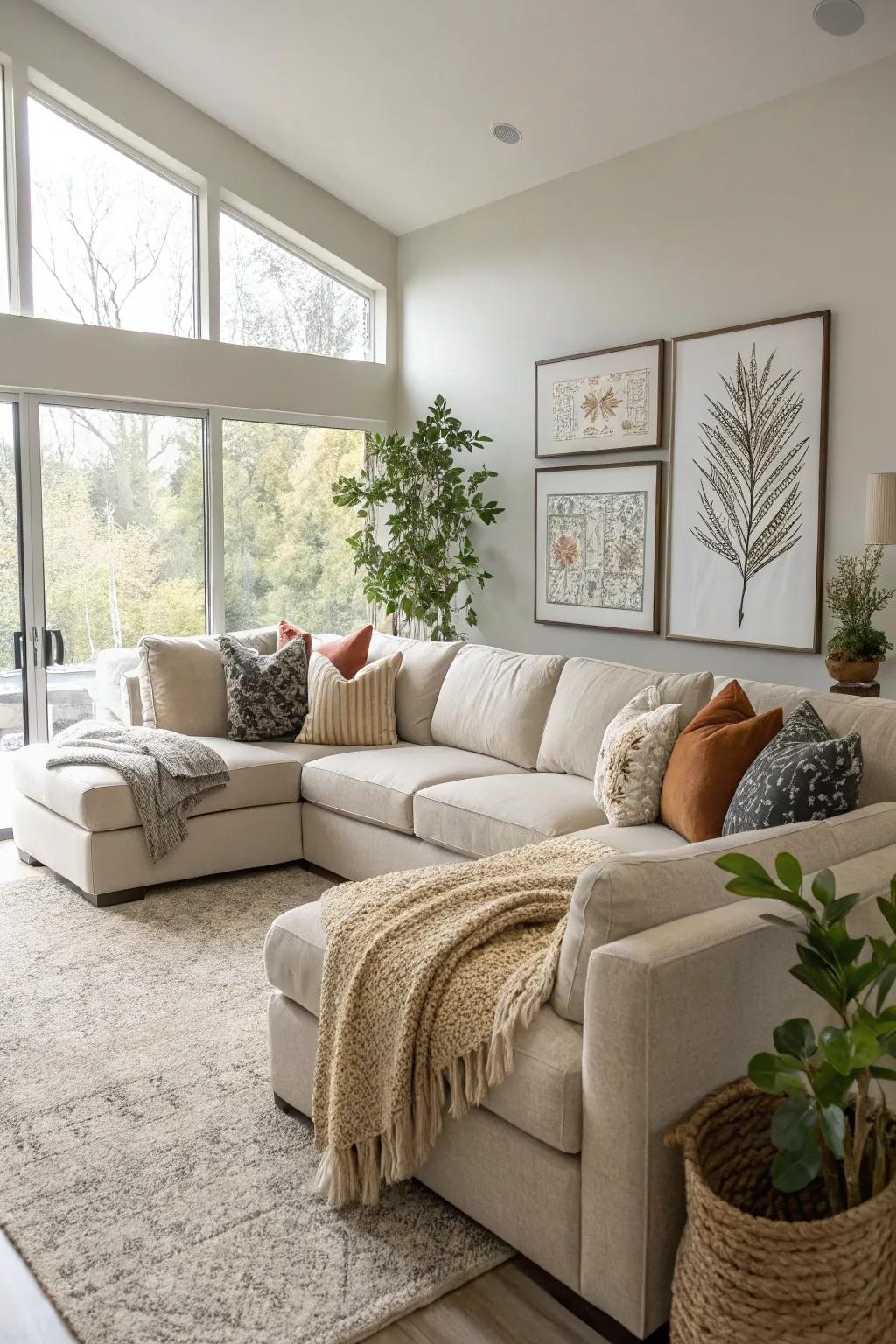 A wide-open family room is arranged around a comfortable modular sofa.