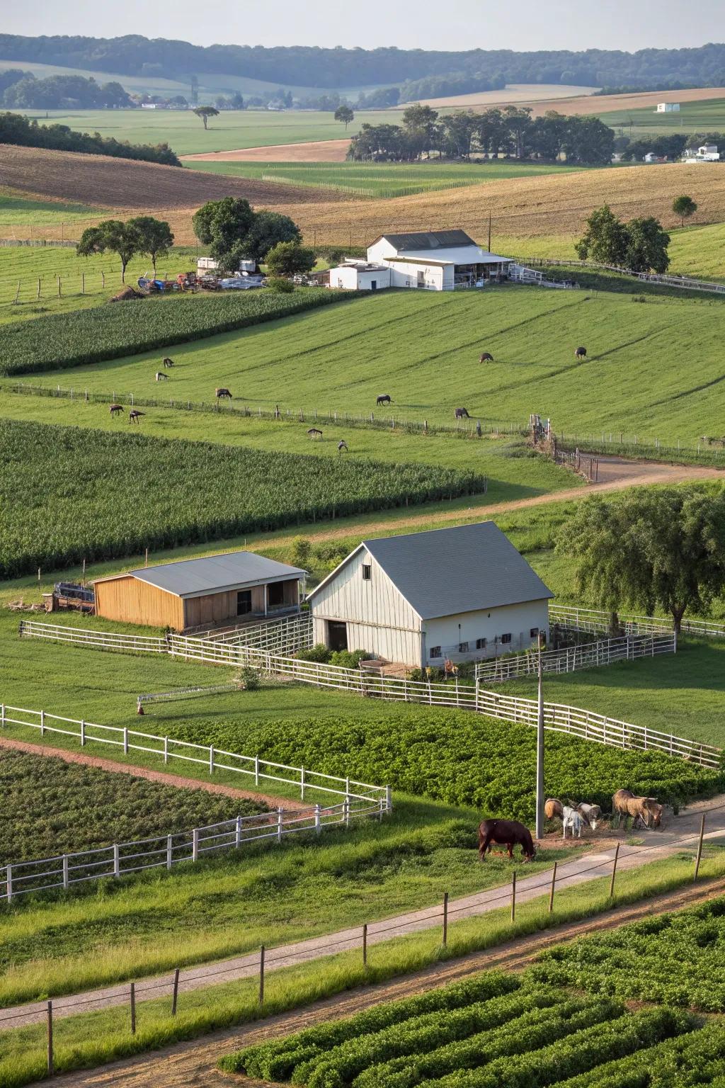 A farm showcasing beautifully defined zones for crops, animals, and living areas.