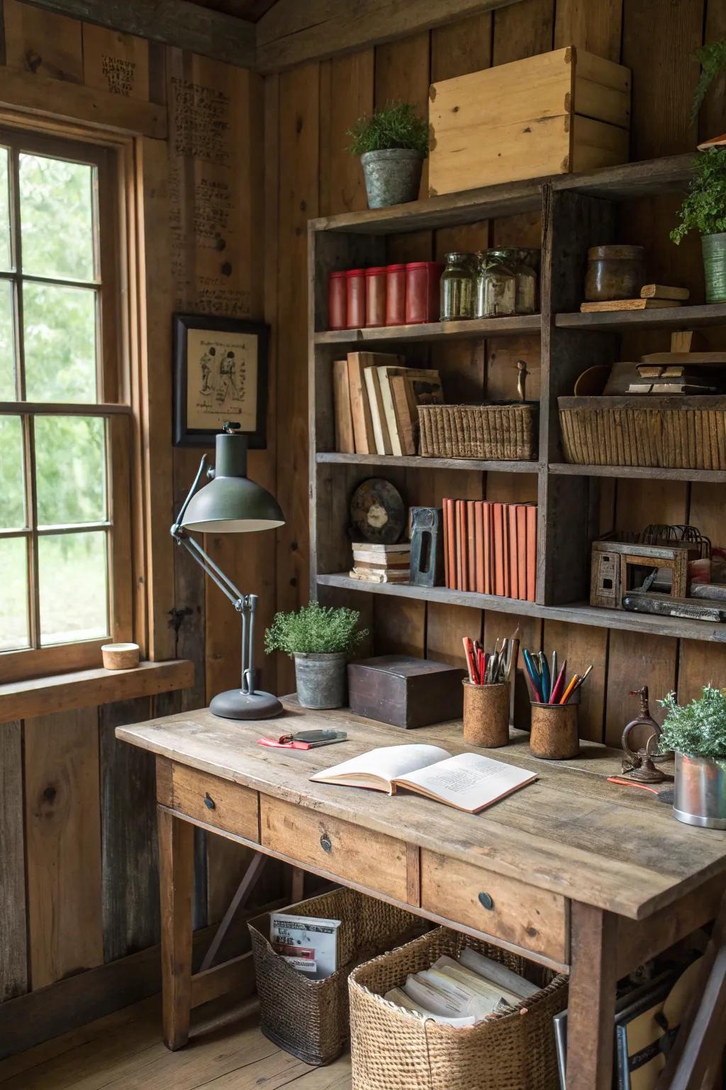 A farm office embellished with reclaimed wood elements, radiating warmth and character.