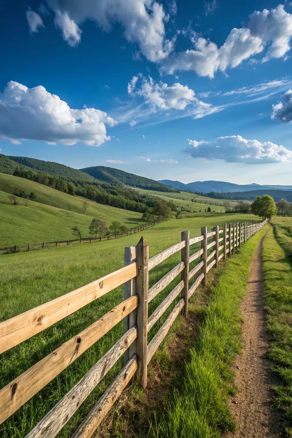 The simplicity of a wood slat fence integrates flawlessly with its natural surroundings.