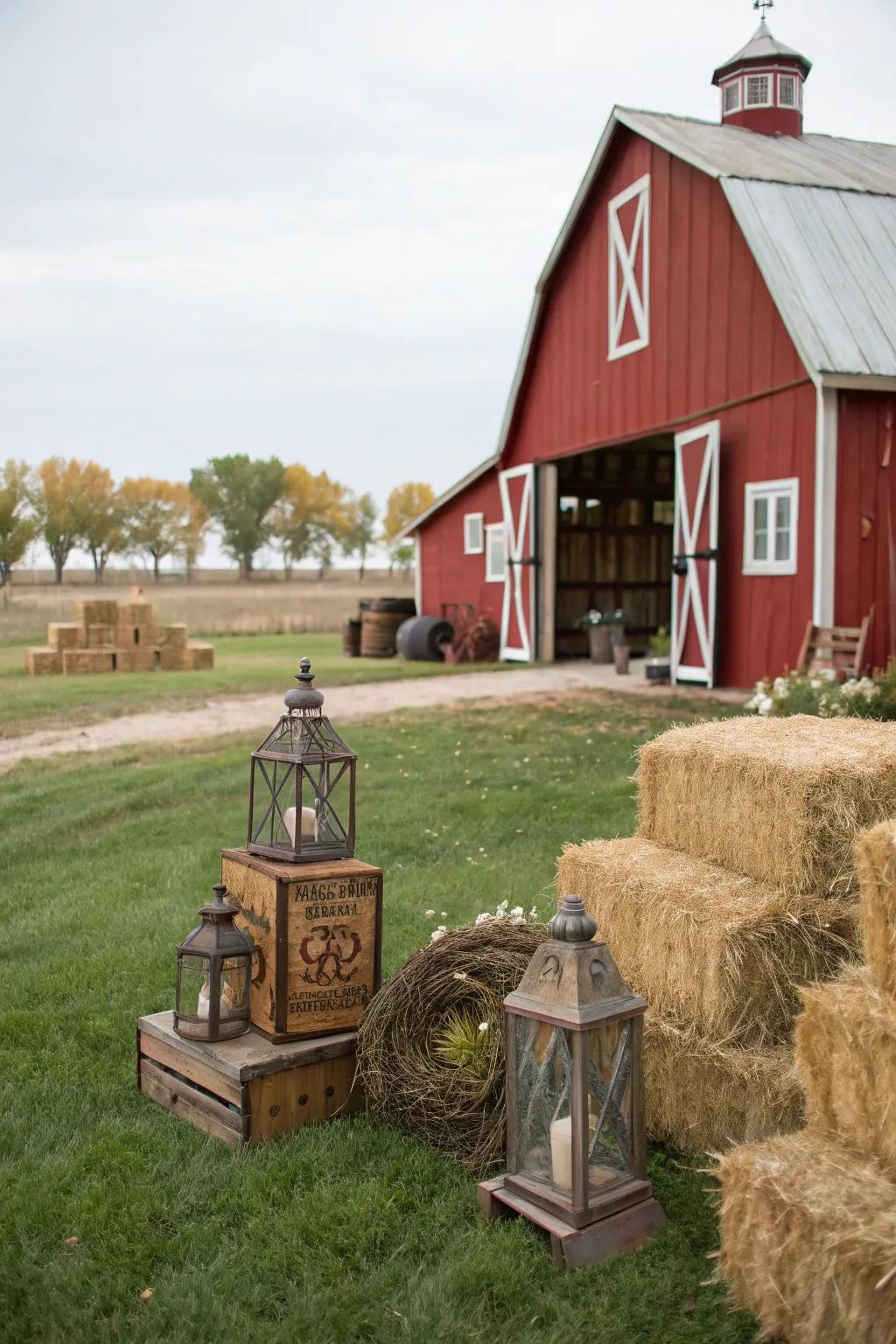 A vivid crimson barn backdrop, complete with hay bales, creates the ideal setting for a farm-themed birthday celebration.