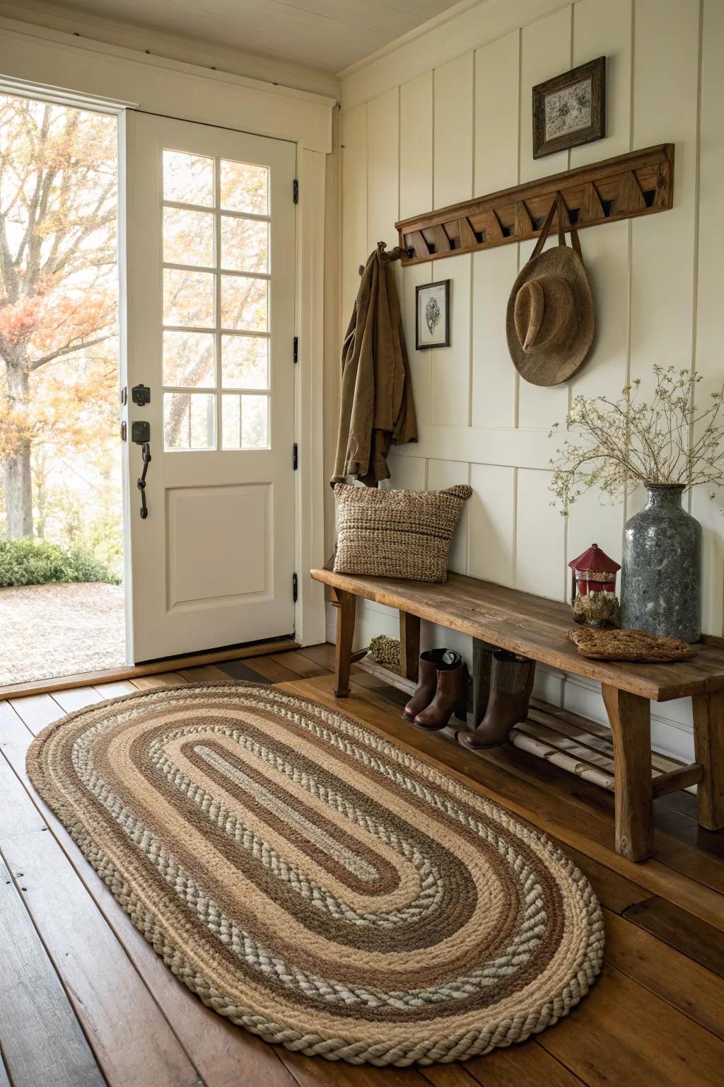 A woven rug introduces enduring charm to any farmhouse entry.