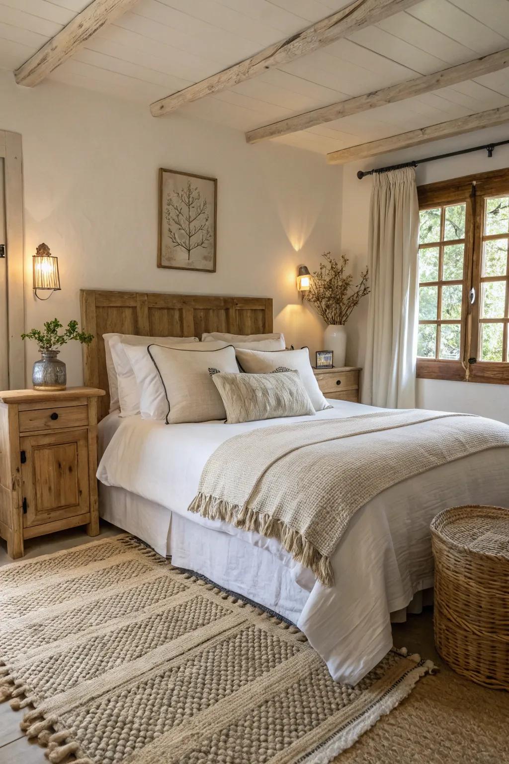 Neutral shades fashion a serene and relaxing farmhouse bedroom.