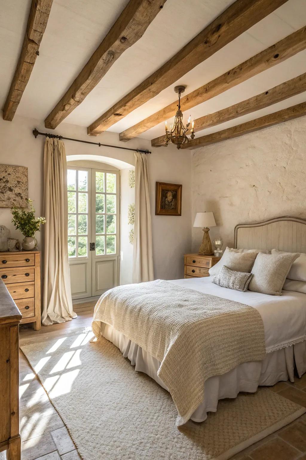 An airy farmhouse bedroom awash with a calming neutral palette.