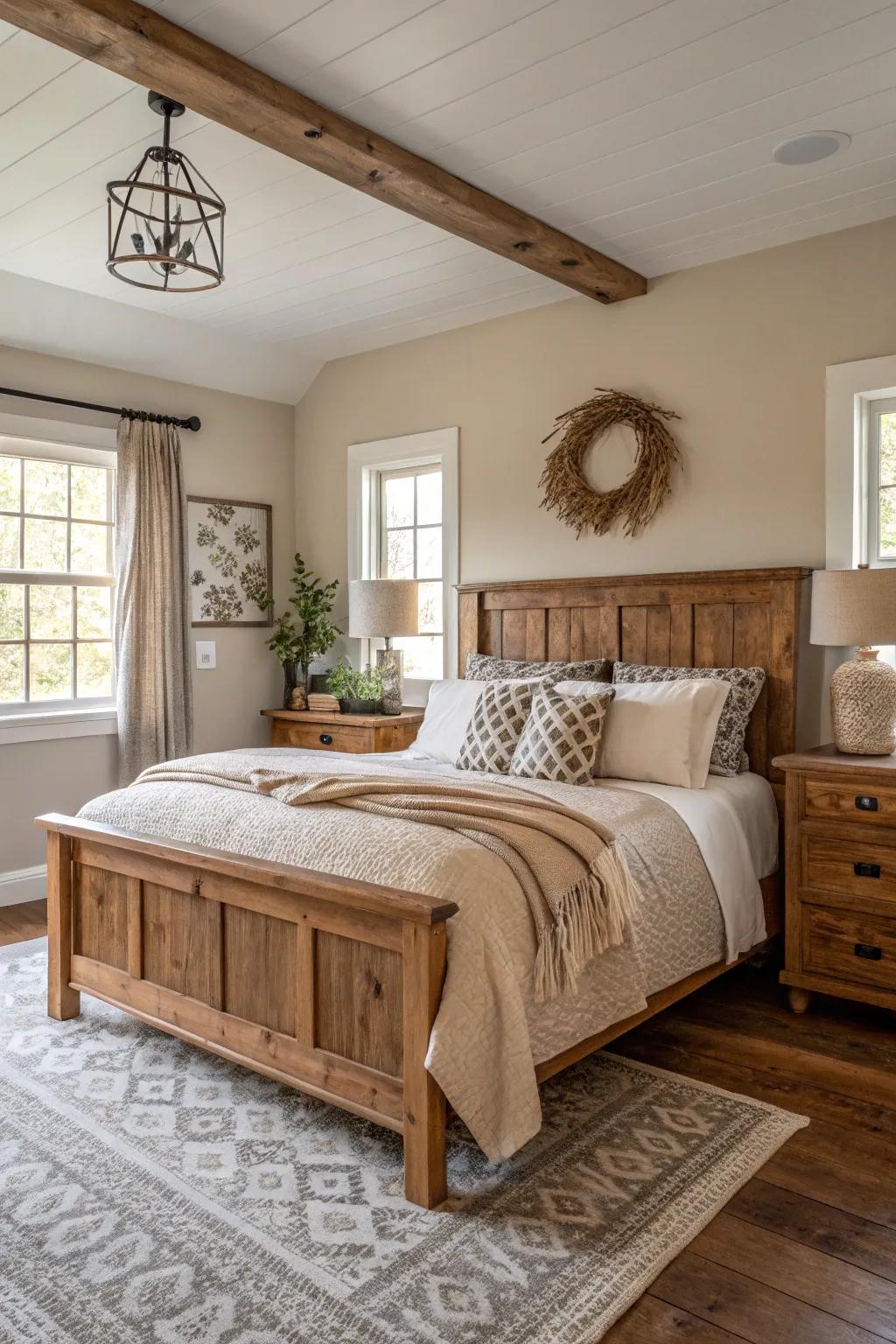 Neutral shades cultivate a serene and soothing farmhouse environment.
