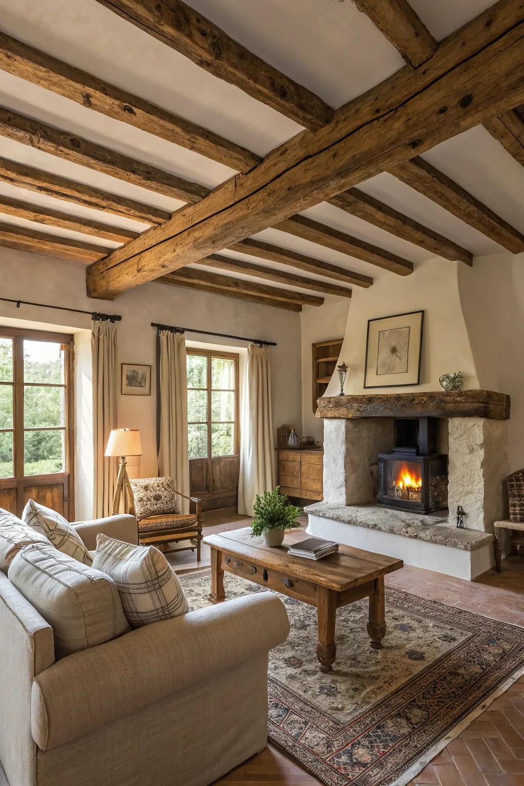 Visible timber supports introduce a sense of warmth and rustic appeal to this farmhouse living area.