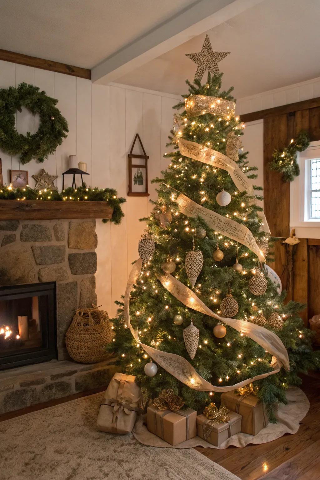 A farmhouse Christmas tree exquisitely adorned with burlap strips and rustic baubles.