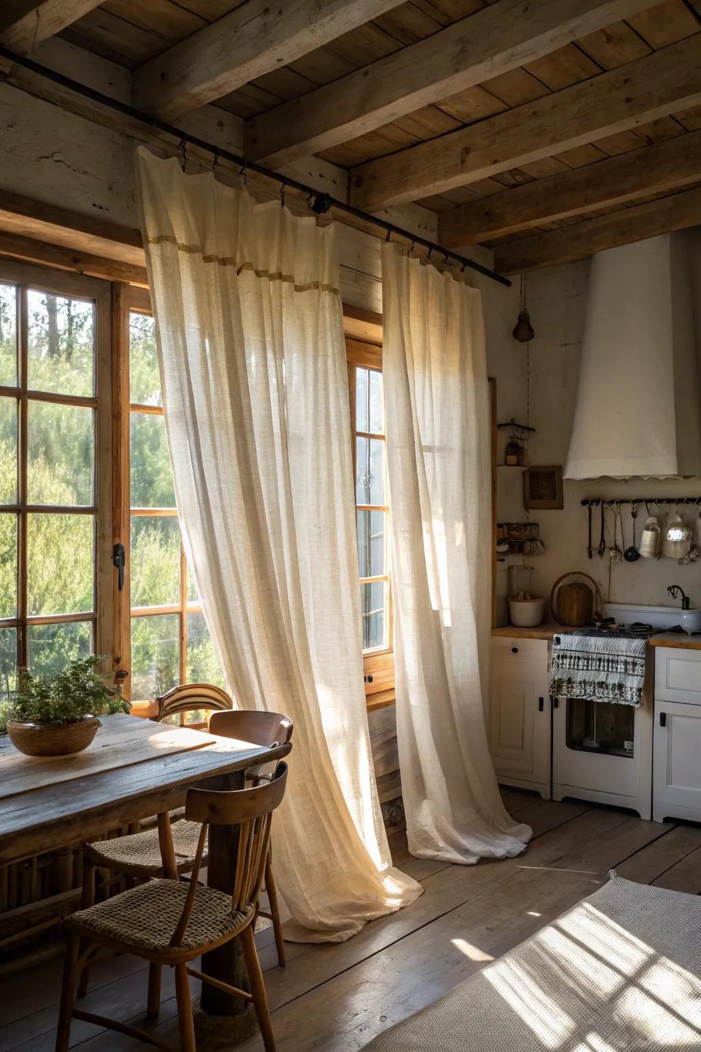 Linen curtains letting in soft sunlight in an adorable farmhouse kitchen.