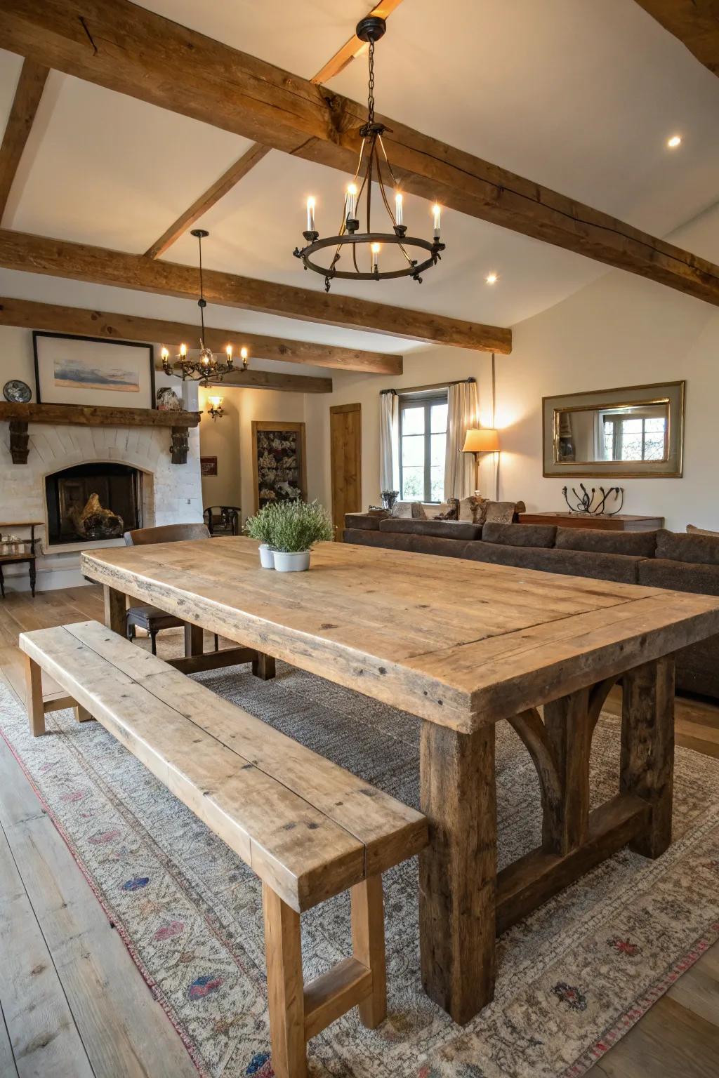 A reused wood table secures this farmhouse dining space with a country appeal.