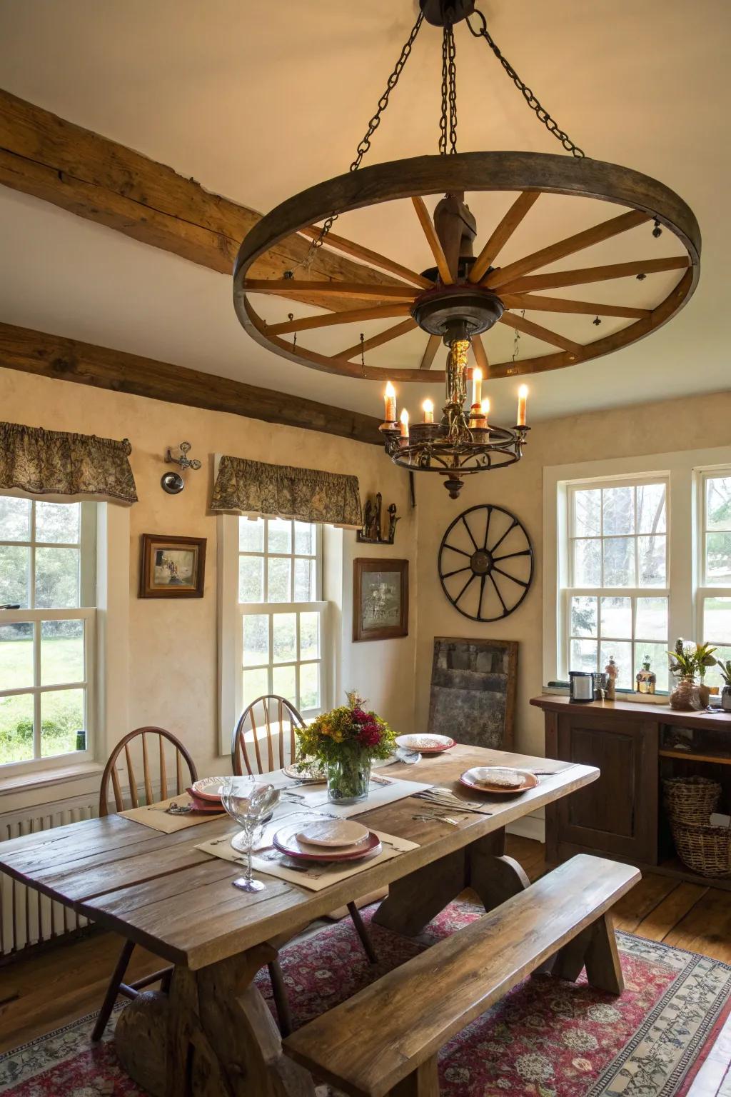 Carriage wheel chandeliers create a stunning focal point in any farmhouse dining space.