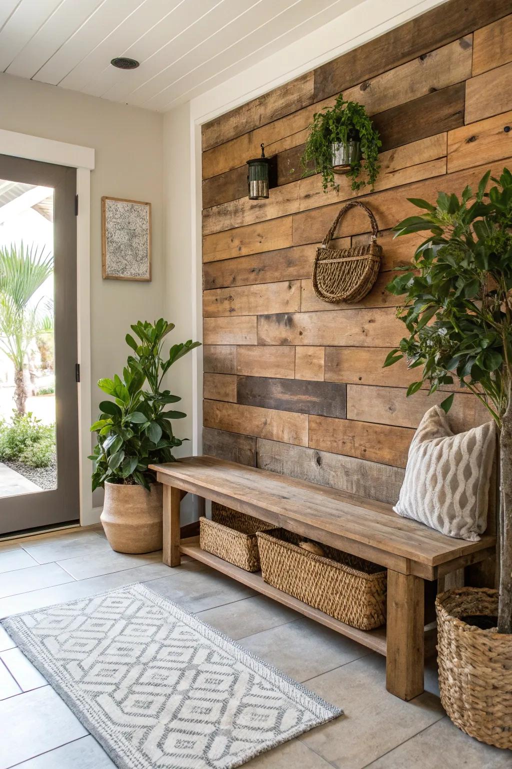 An exceptionally attractive entryway showcasing a seat crafted from repurposed wood.