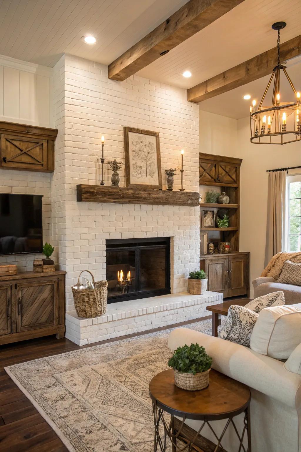 A timeless white brick fireplace is beautifully complemented by wooden decorations.