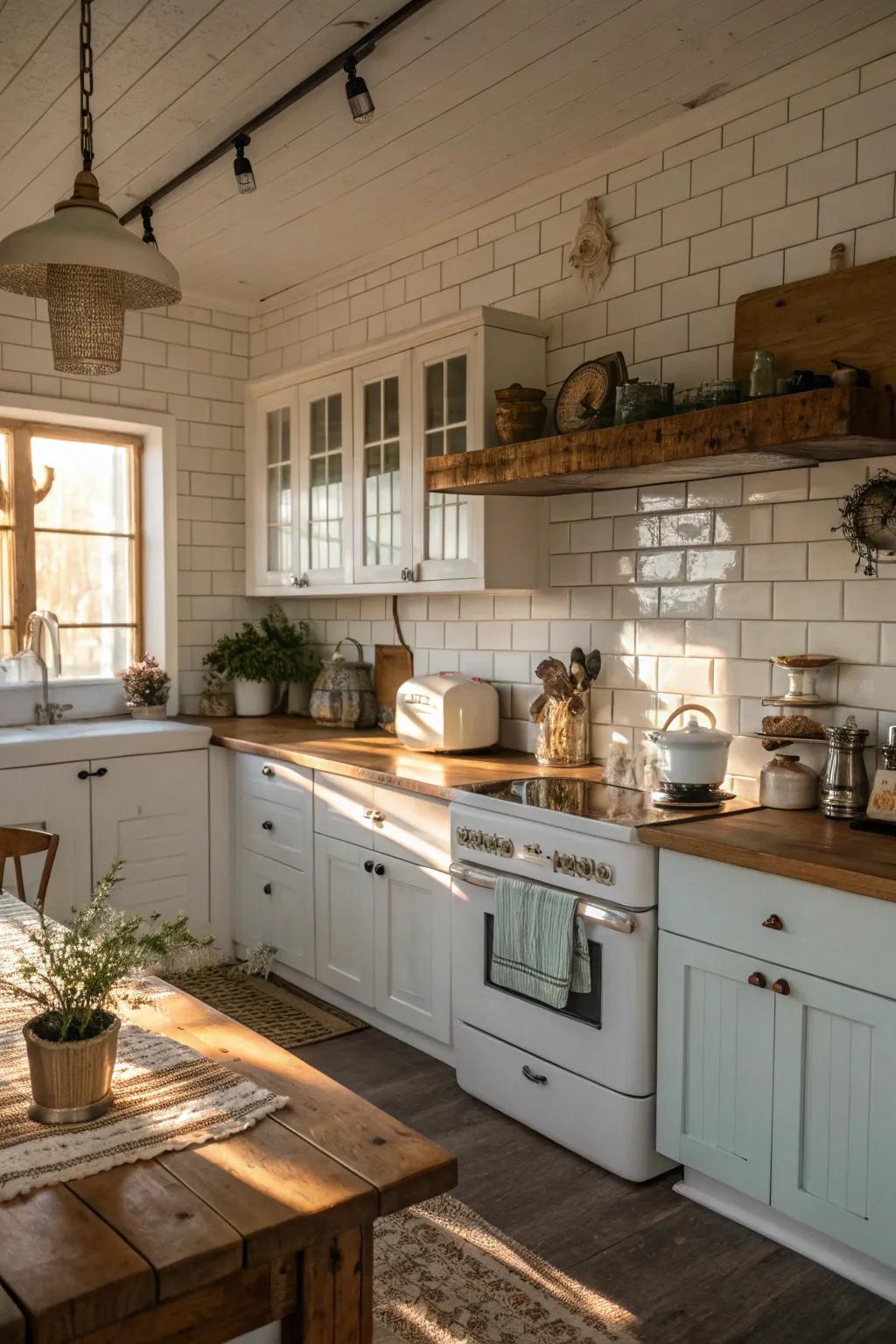 Classic white brick-style coverings create a pristine and ageless appearance in this farmhouse kitchen.