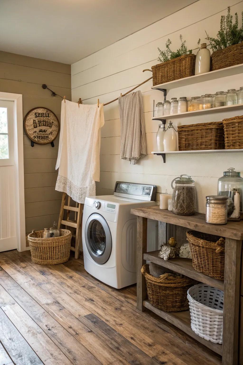 A peaceful laundry area showcases a neutral palette and quaint, rustic decorative touches.