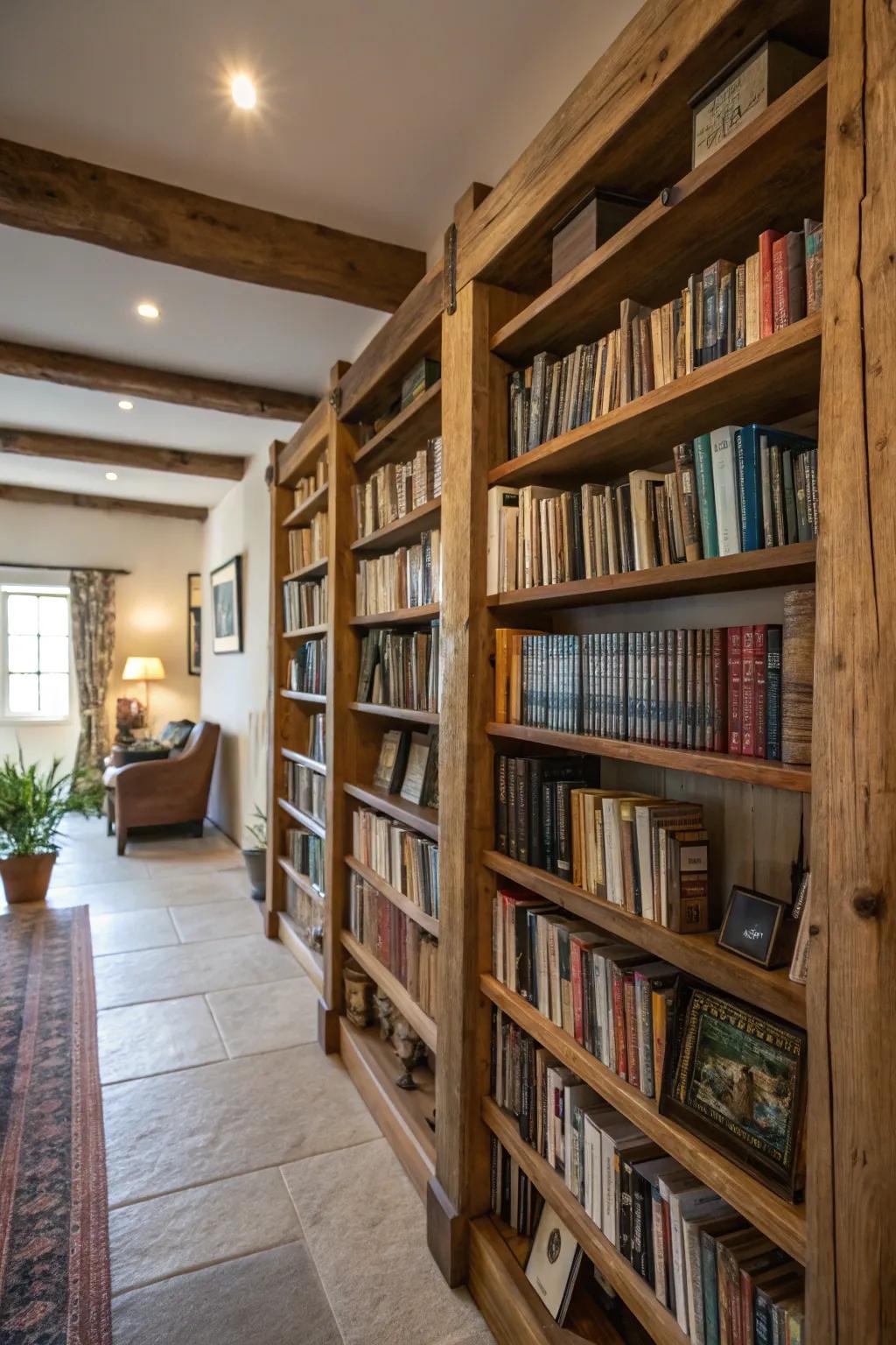 Wood shelves that reach to the ceiling introduce a countryside appeal to any farmhouse library.