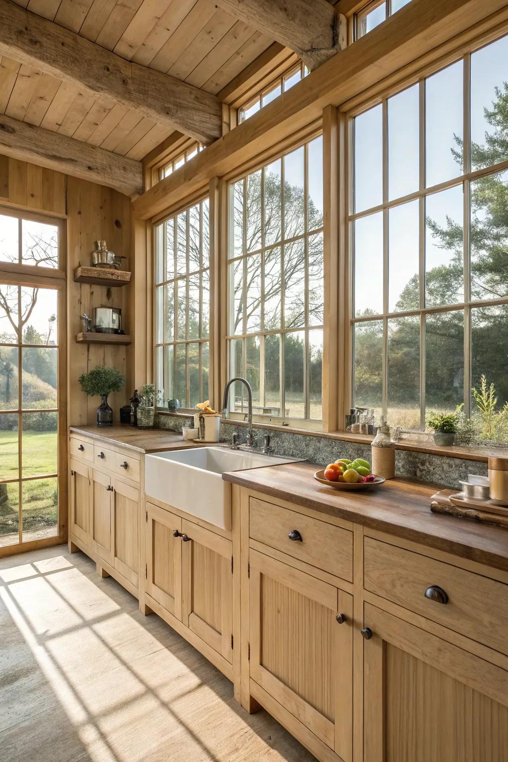 A country-style cooking area brightened by sunlight with expansive windows and pale timber fittings.
