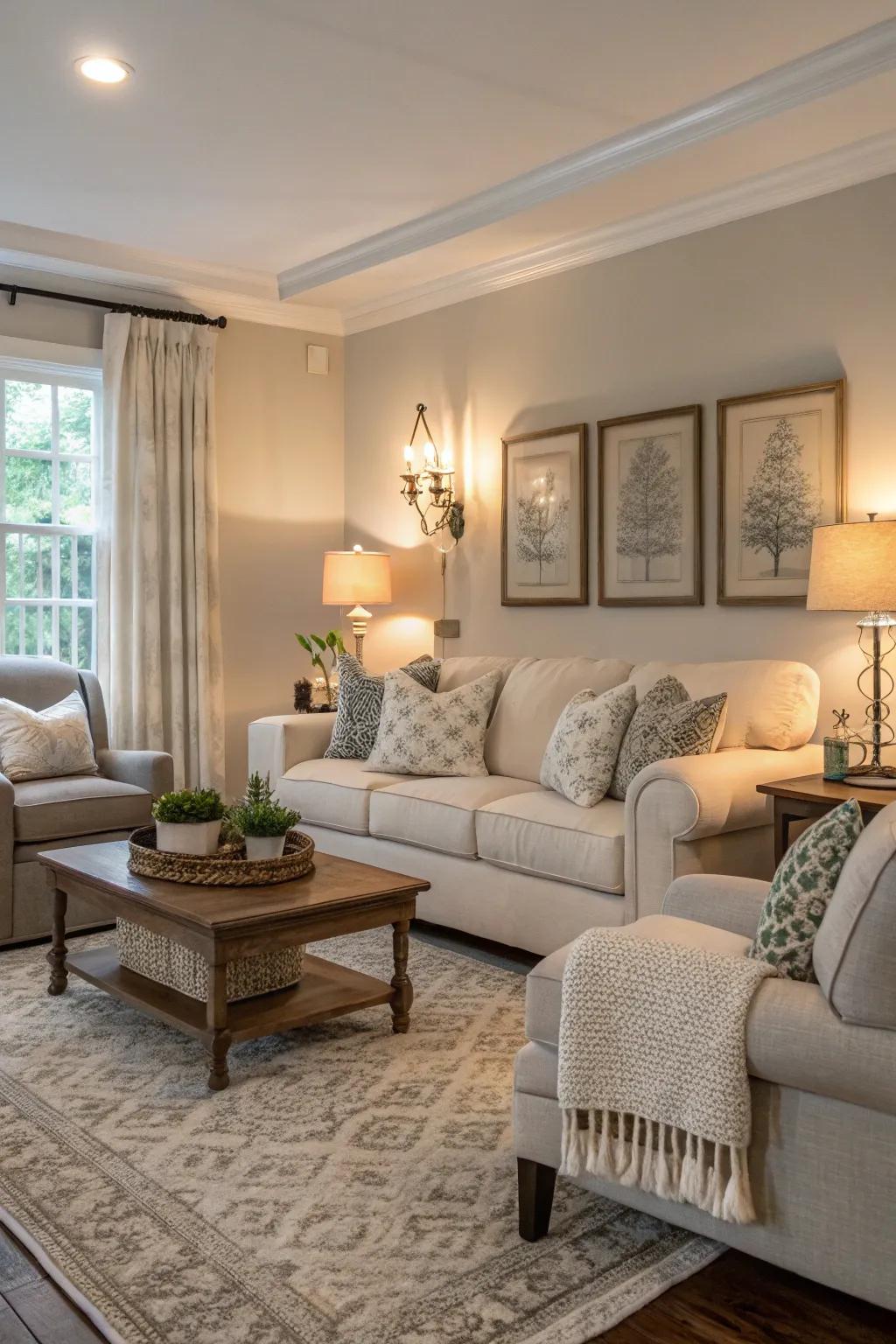 A gentle color scheme creates a comforting atmosphere for your farmhouse living room.