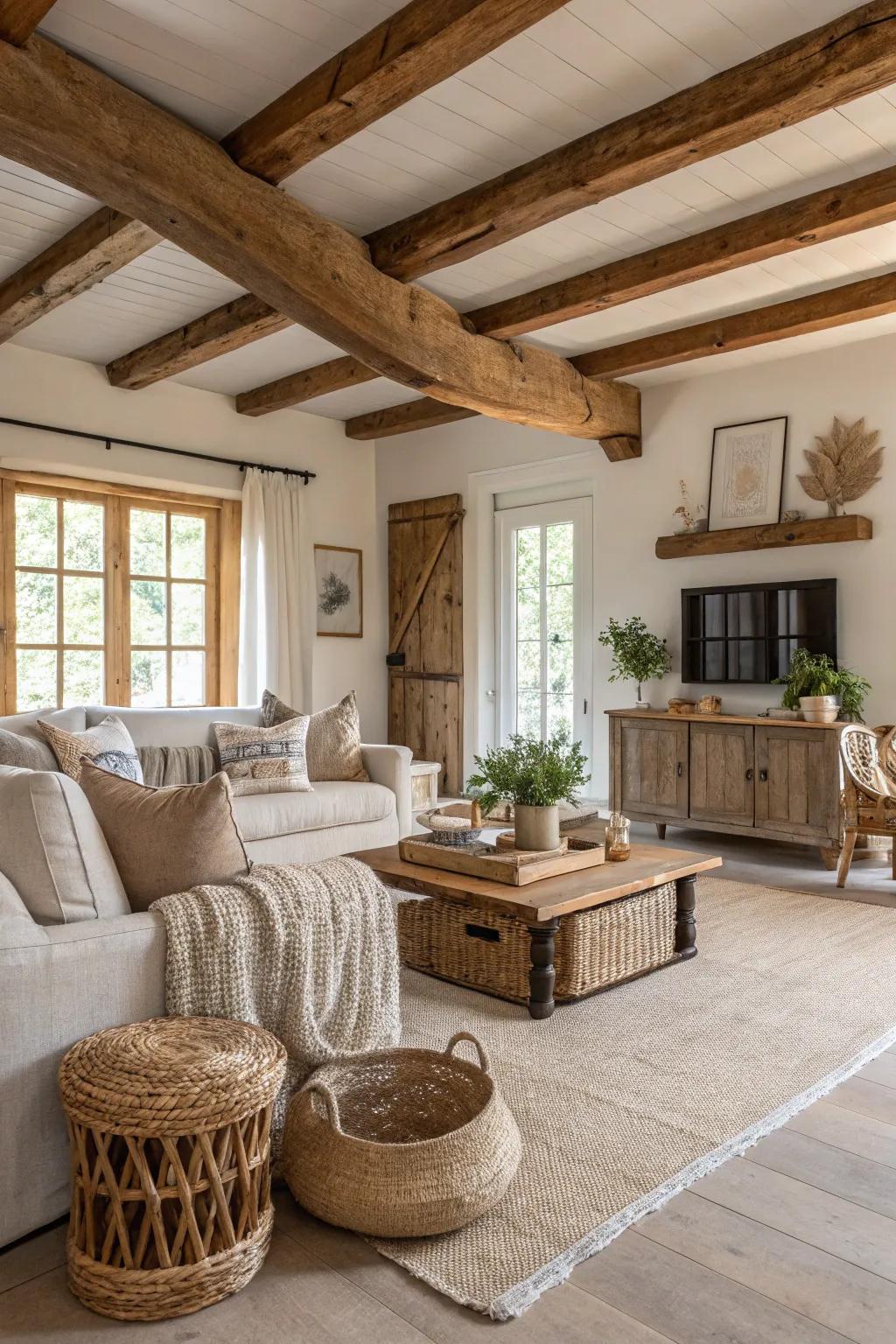 Visible wooden beams give architectural interest to this farmhouse living area.
