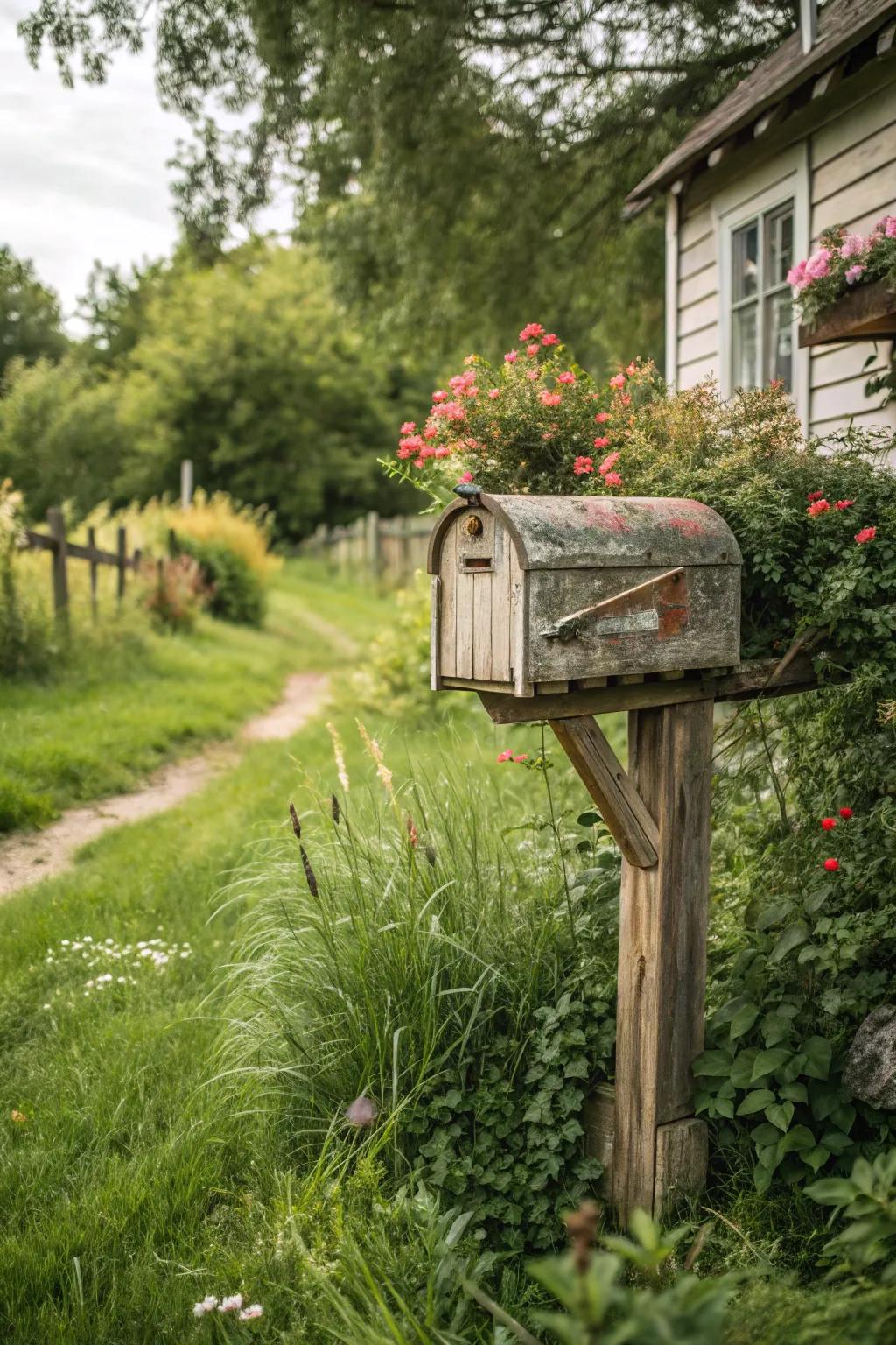 A classic wood mailbox, graced with a weathered finish, stands tall amidst lush foliage.
